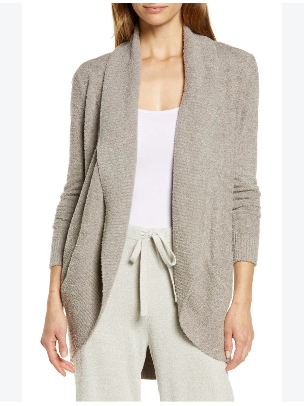 Barefoot Dreams CozyChic Lite Draped Open Front Cardigan Taupe Small